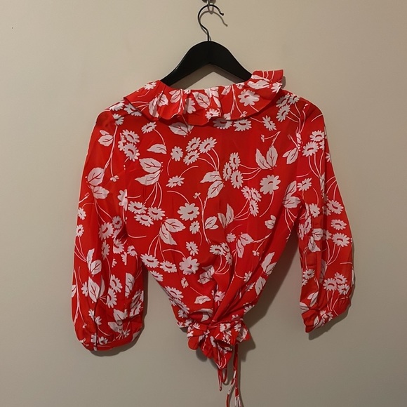 Rixo Red Daisy Sofia Ruffled Silk Wrap Blouse - Picture 7 of 8